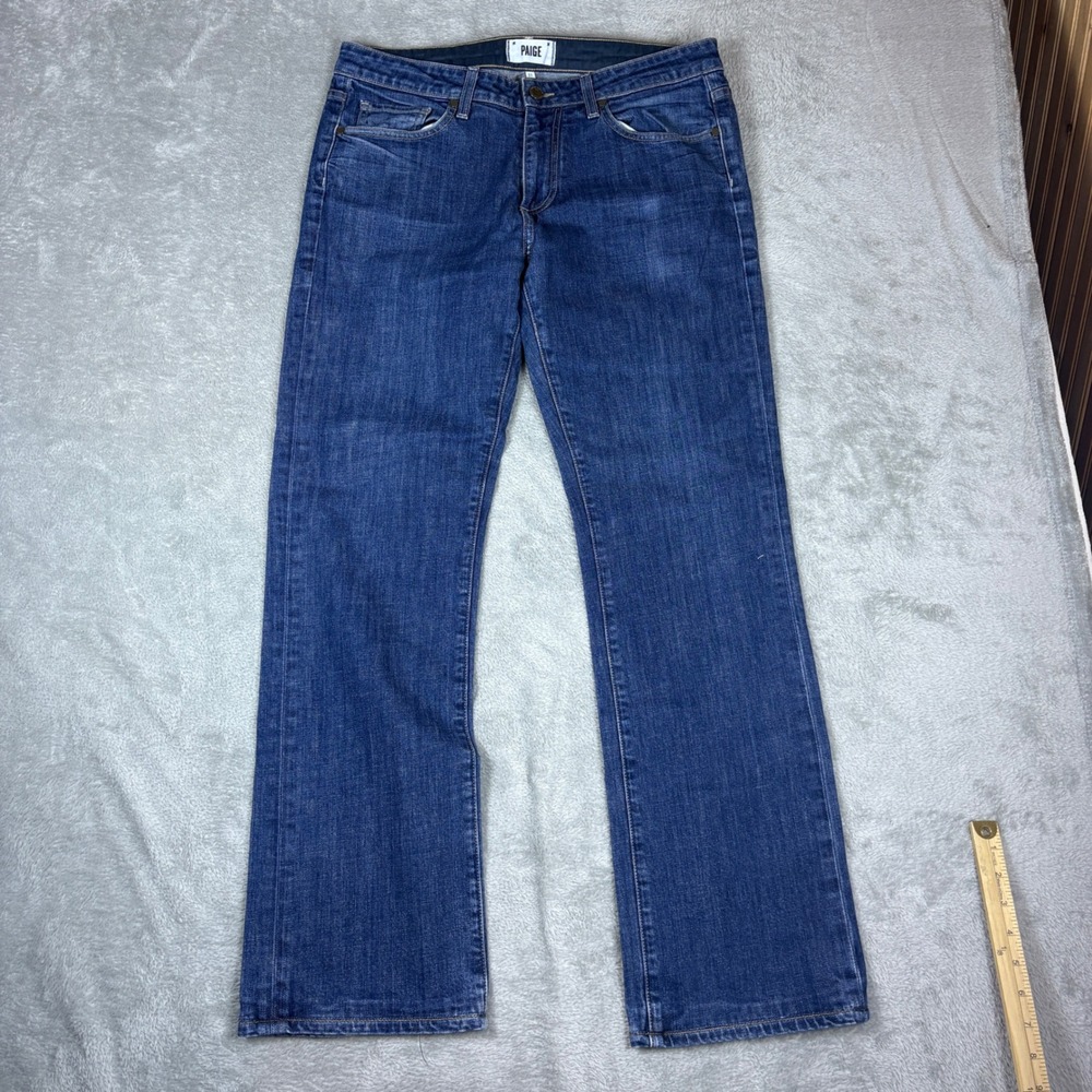 Paige Jeans Mens 33 (Fits 34x32) Doheny Straight Blue Whiskered Faded Stretch